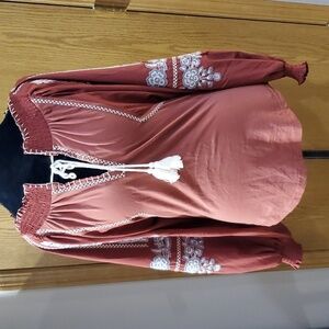 Gimmicks balloon sleeve embroidery boho rust orange smocked top